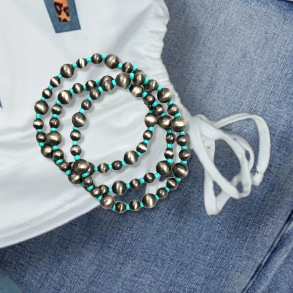 Three stacking faux navajo pearl & turquoise stretch bracelets southwest western - Picture 3 of 5